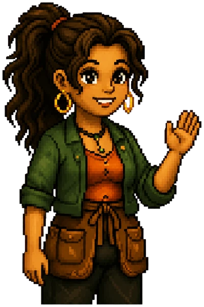 A pixel-art guide character waving hello
