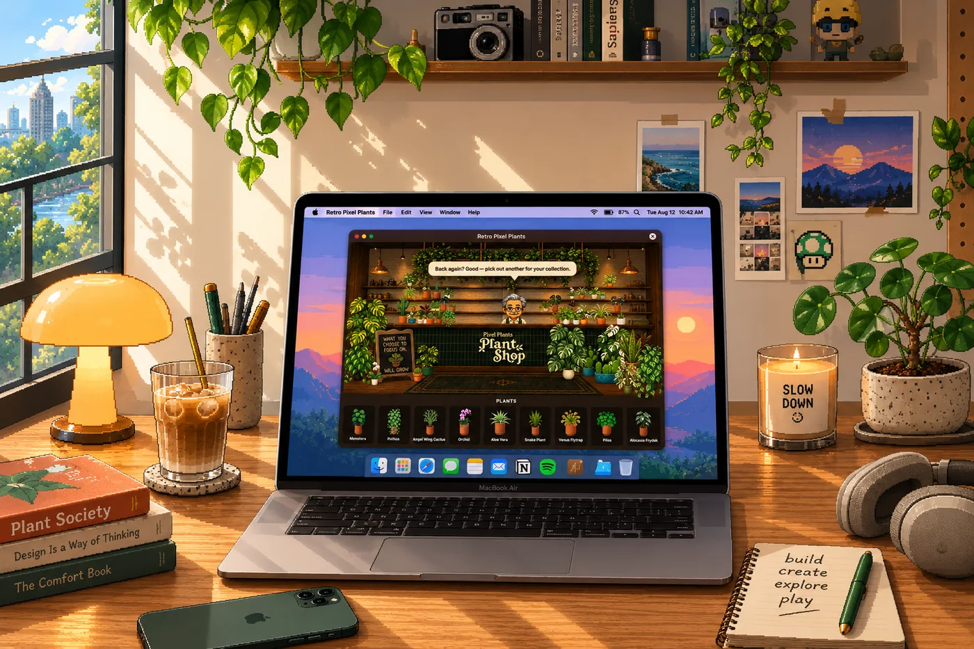 A golden-hour pixel-art desk scene with the Retro Pixel Plants shop open on a MacBook
