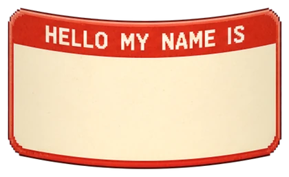 A pixel-art 'Hello my name is' tag on the pot